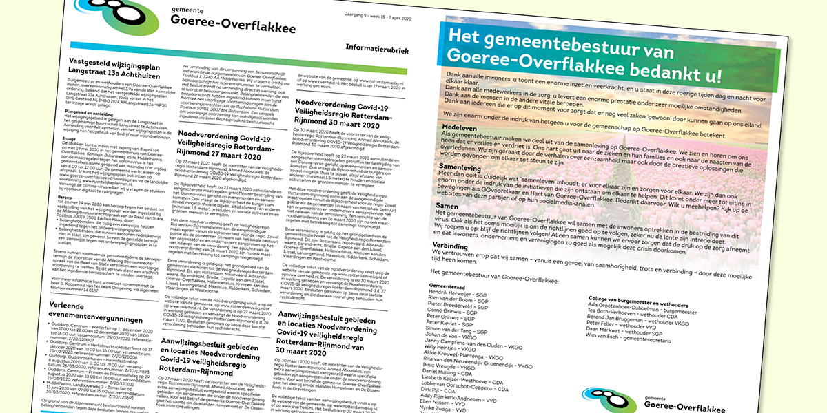 Gemeentebestuur bedankt Goeree-Overflakkee in tijd van crisis